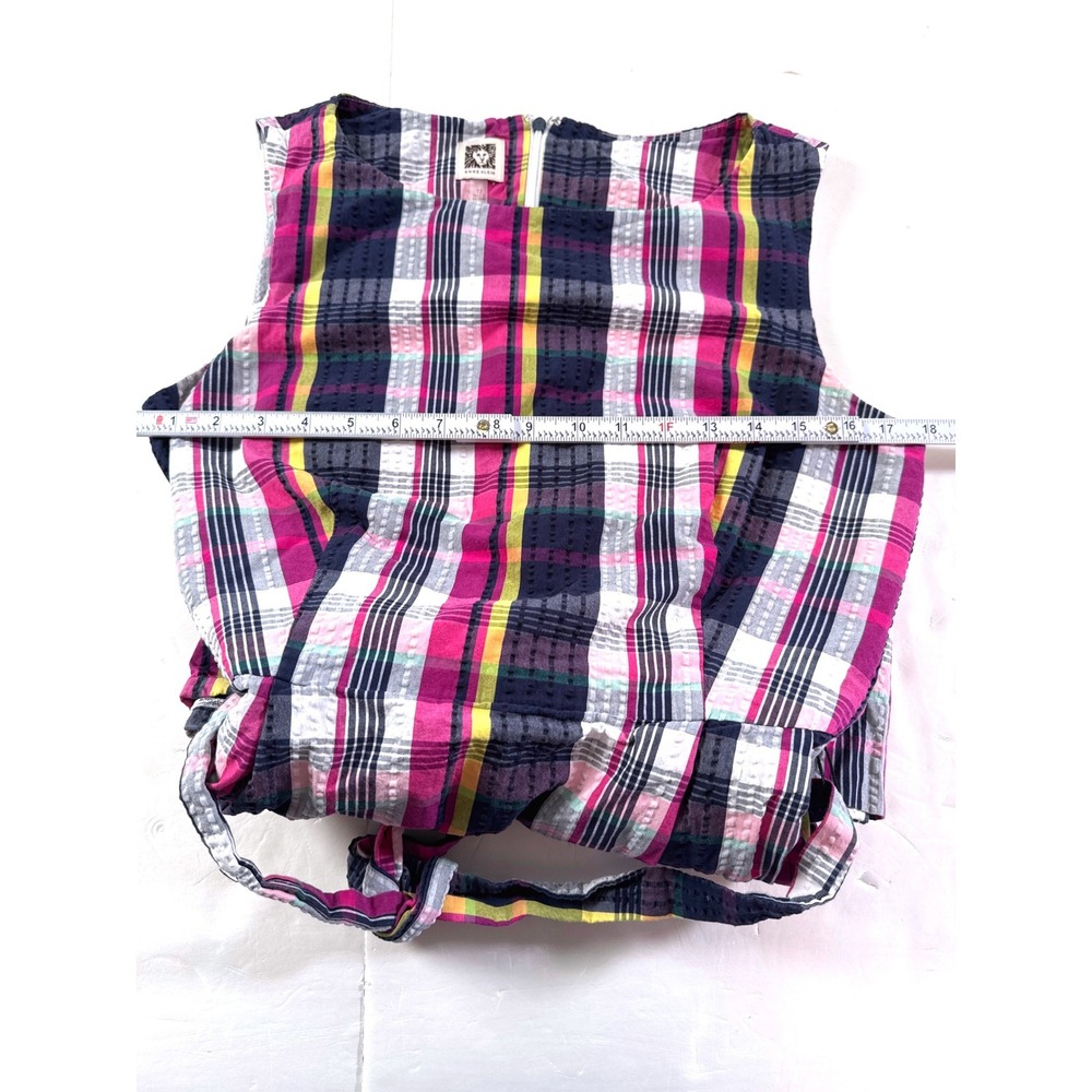 Anne Klein Womens Plaid Sleeveless Fit Flare Belted Dress Magenta Navy Yellow 12 - Picture 6 of 13
